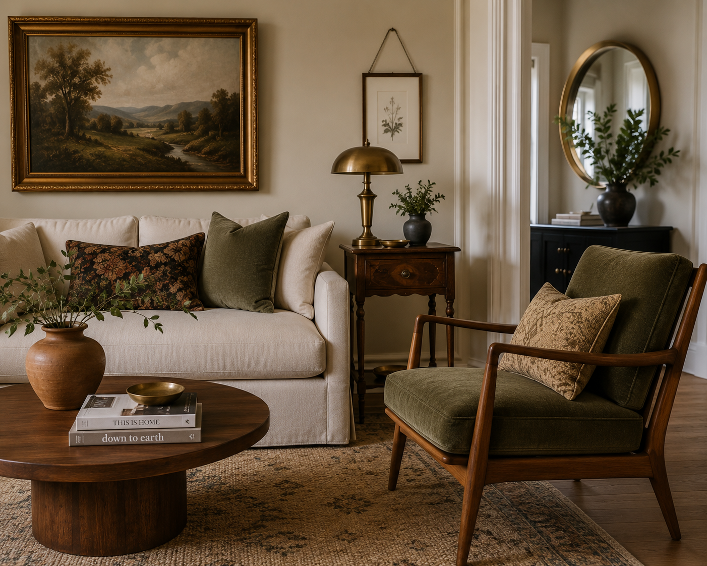 mixed-furniture-styles-coordinated-wood-tones Living room combining a modern sofa, a mid-century armchair and an antique side table linked by warm wood tones and brass accents