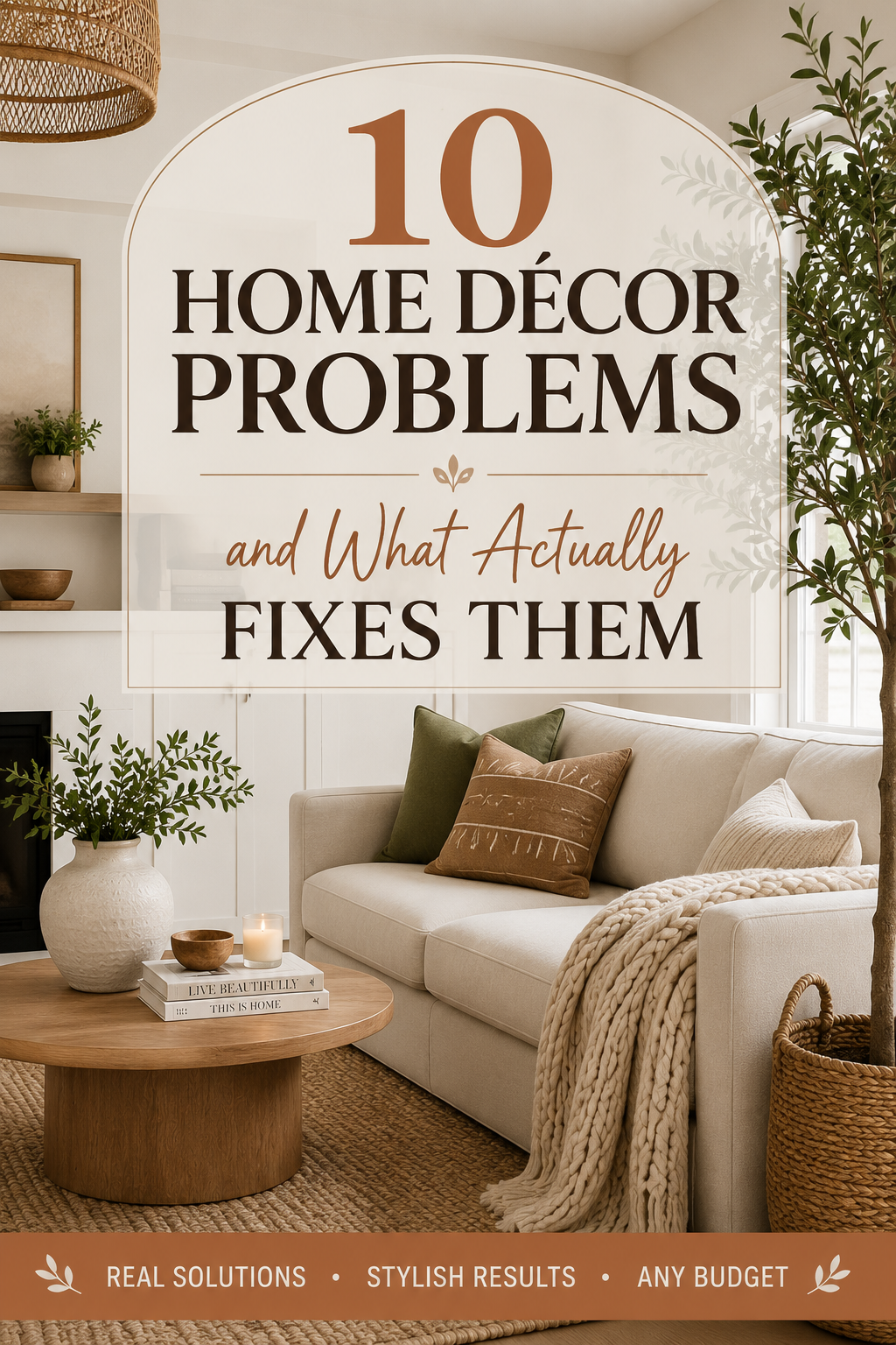 Pinterest graphic reading 10 Home Décor Problems and What Actually Fixes Them over a bright living room Size: Vertical, 1000 × 1500 px (2:3)