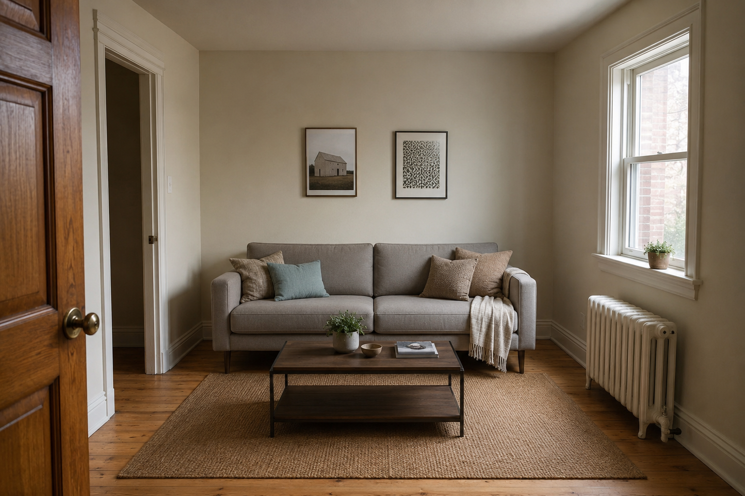 Living room with a doorway, a window and a radiator taking up three walls, with the sofa placed on the only clear wall