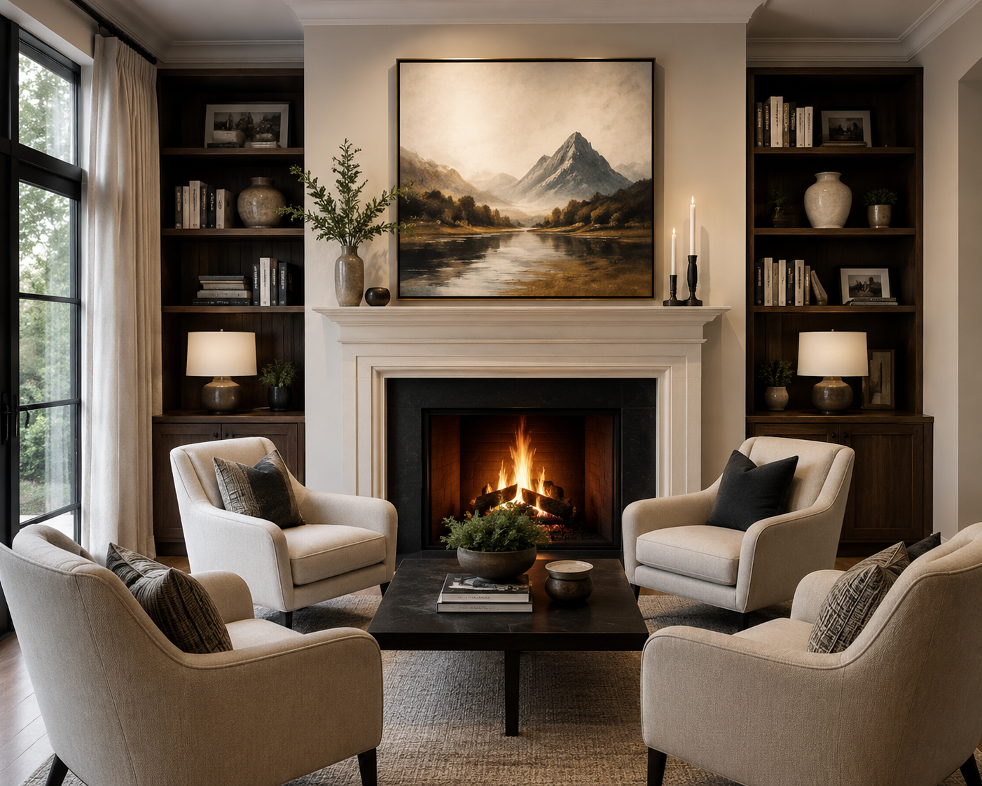 Living room arranged around a fireplace with a large piece of art above it and seating angled toward it