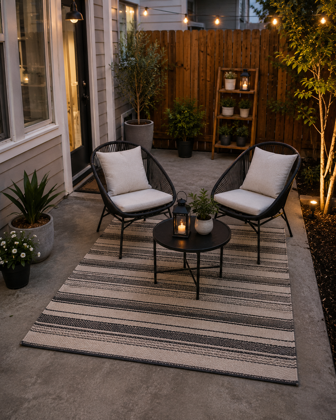 Flat weave striped outdoor rug laid under two patio chairs on a concrete surface