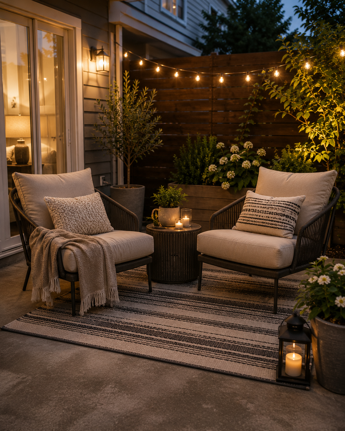 Two deep seated outdoor chairs with thick cushions and a small side table on a small patio