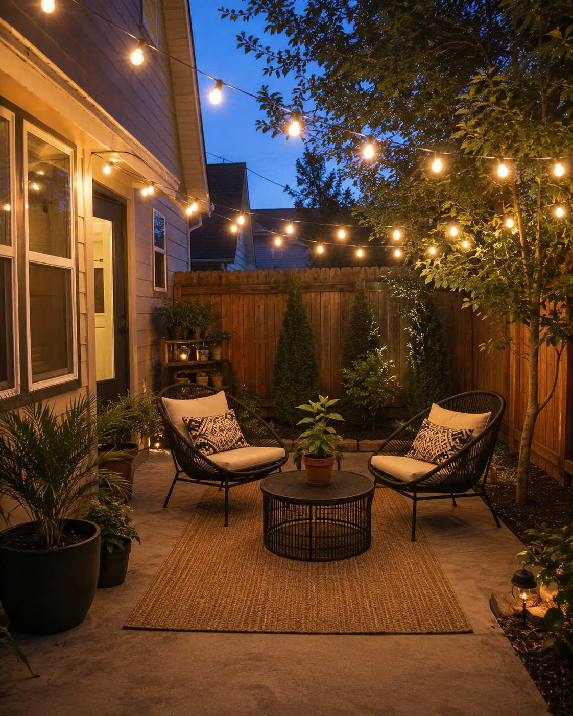 Warm white string lights zigzagged above a small patio with lanterns on the ground below