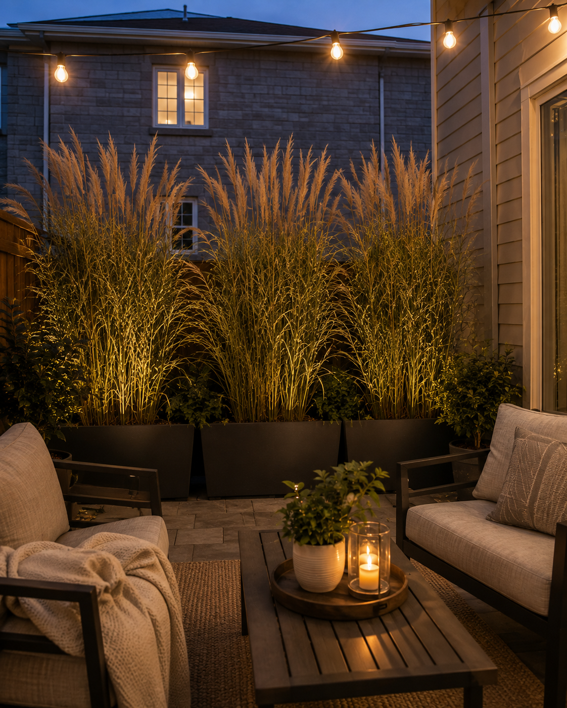 Tall ornamental grasses in a large pot screening the view of a neighboring wall from a patio seating area