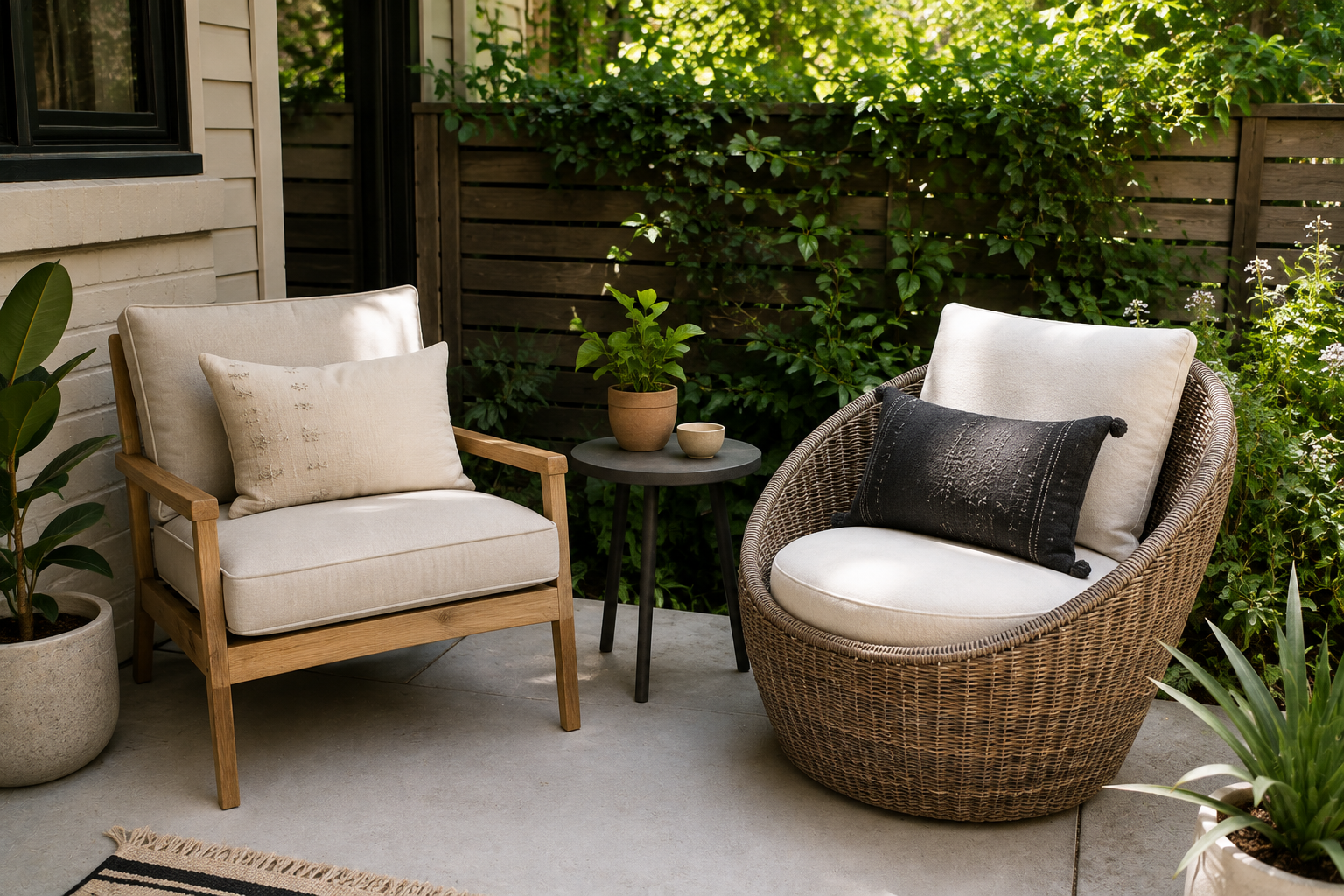 Two wide lounge chairs with cushions and a small side table on a compact concrete patio