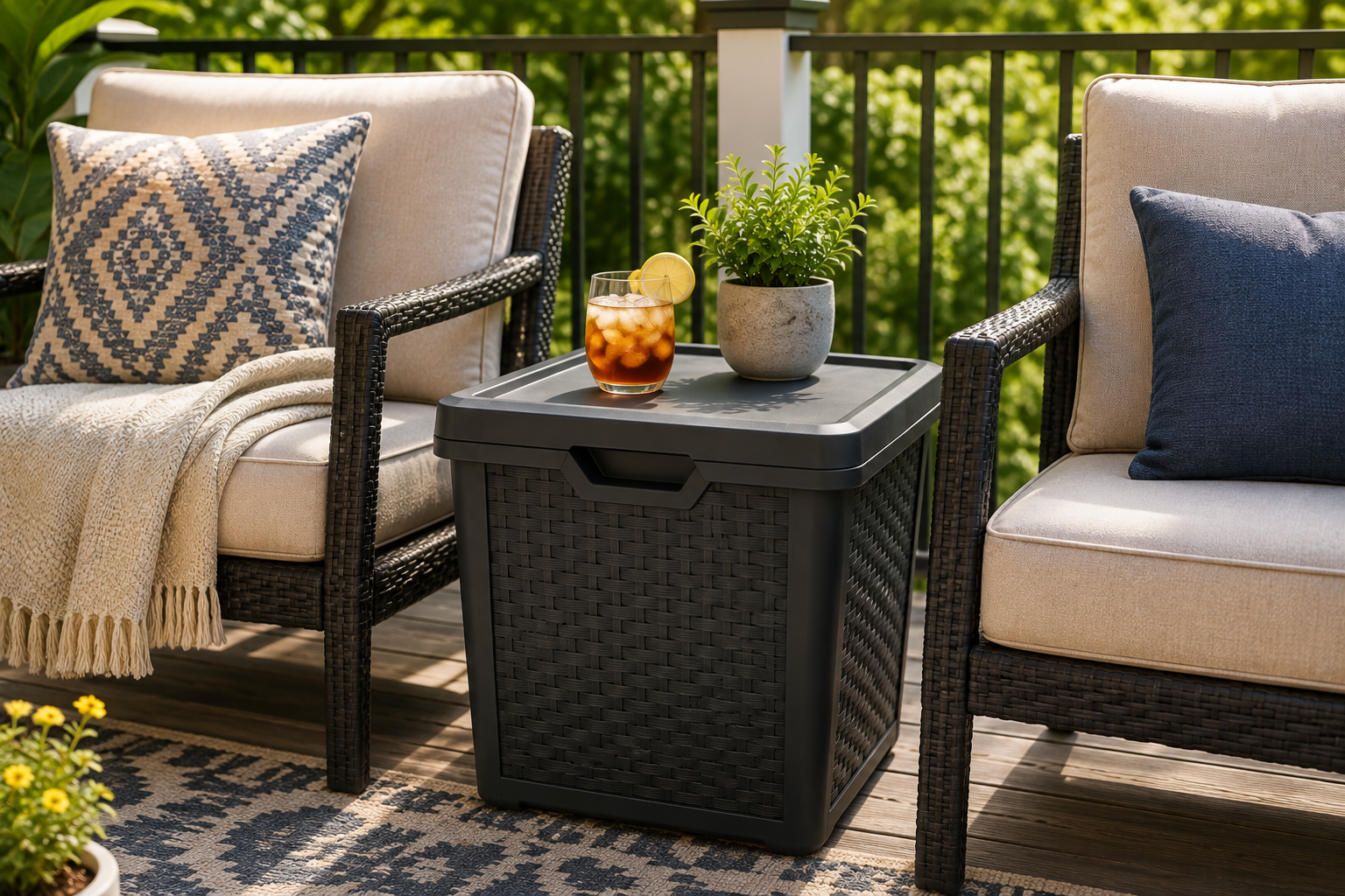 A weather resistant storage bin with a flat lid used as a side table between two patio chairs