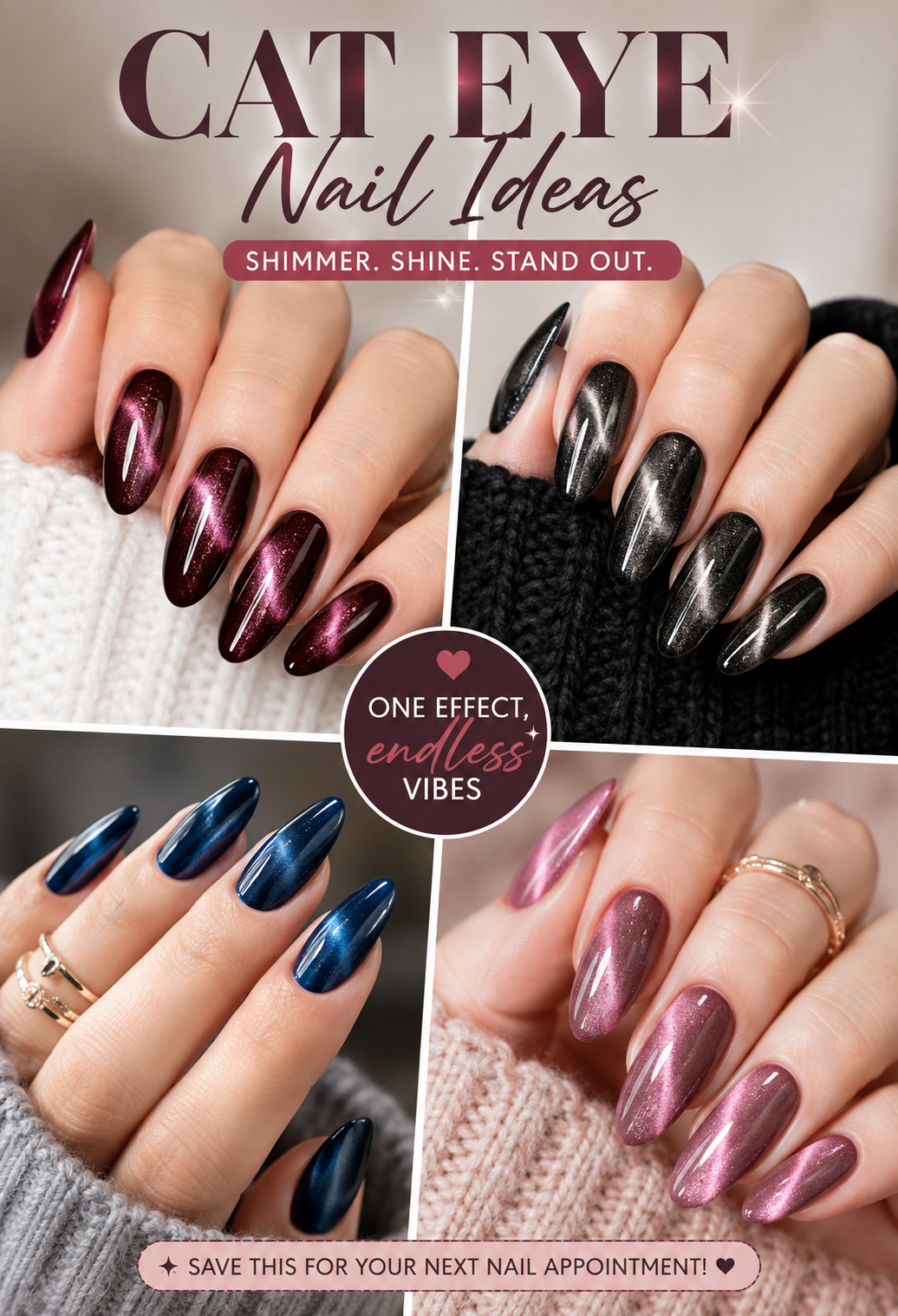 Collage of trendy cat eye nail ideas featuring burgundy, black, navy blue, and pink magnetic gel nail designs.