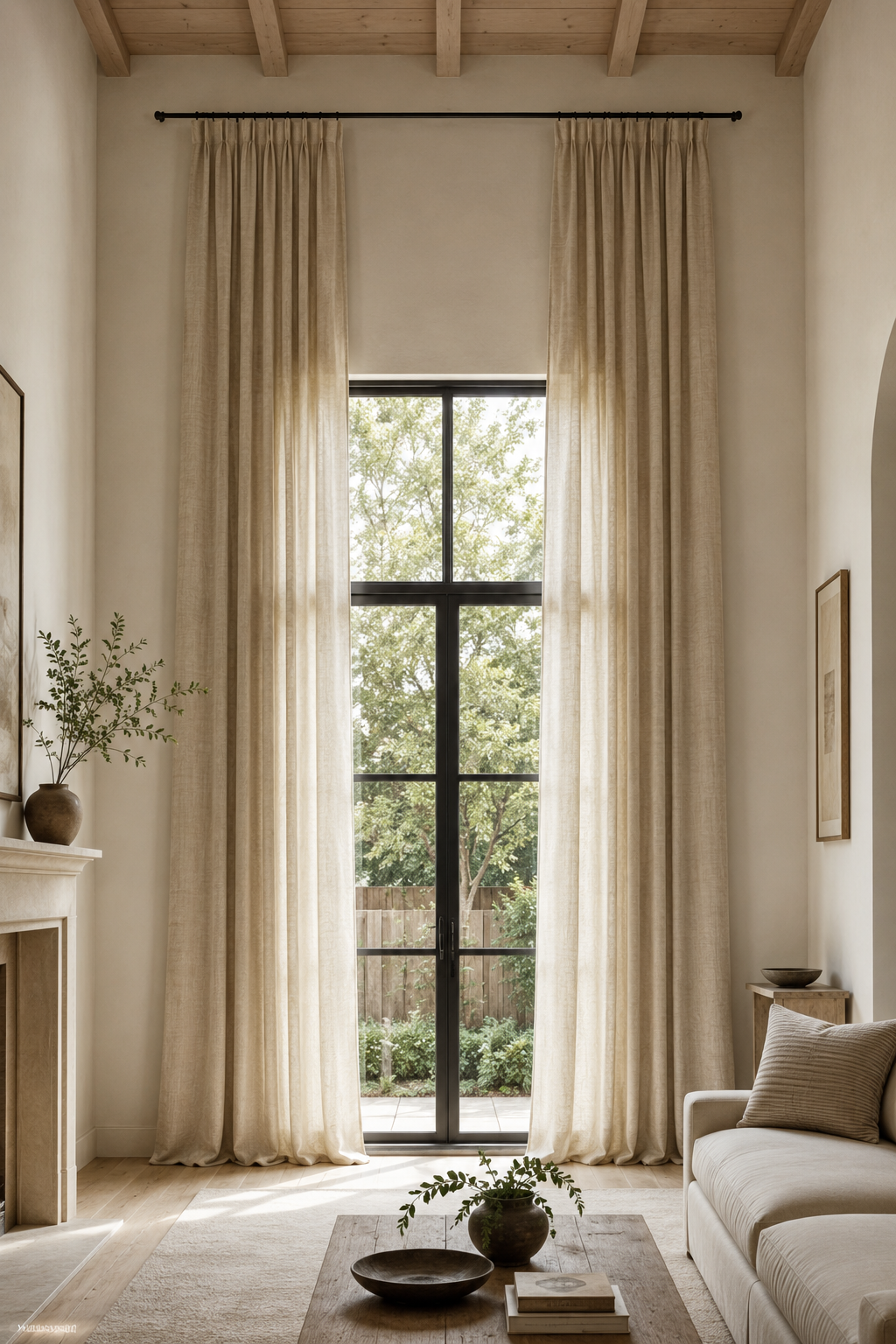 Floor length linen curtains hung near the ceiling and extending well past the window frame on both sides