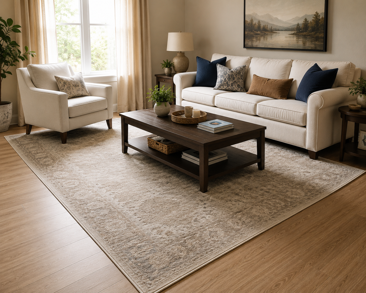 Living room with a large area rug that the sofa and armchair front legs sit on, with even floor showing around the edges