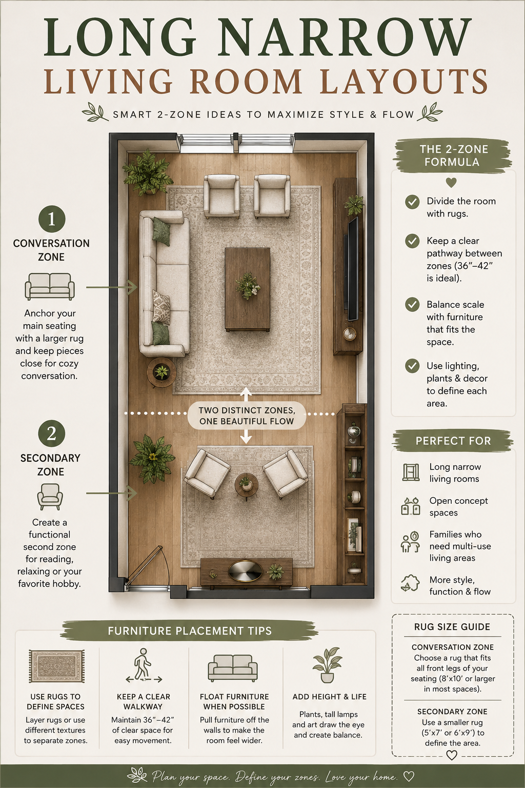 Pinterest graphic reading Long Narrow Living Room Layouts over an overhead diagram of a two zone arrangement