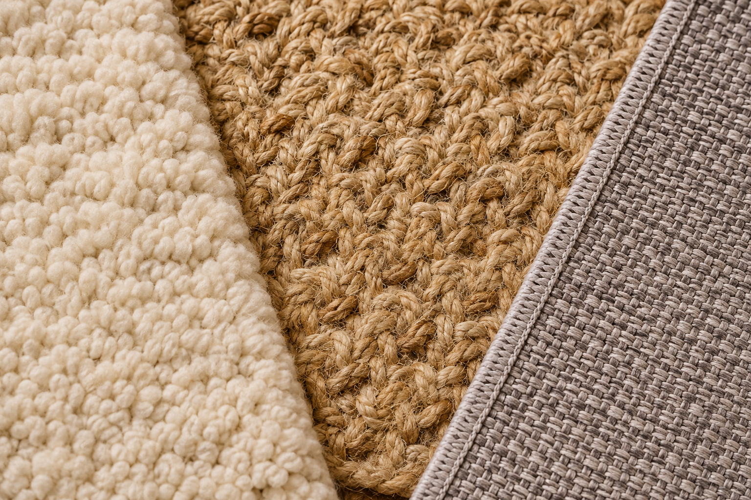 Close up of three rug textures side by side showing wool pile, woven jute and flat synthetic weave