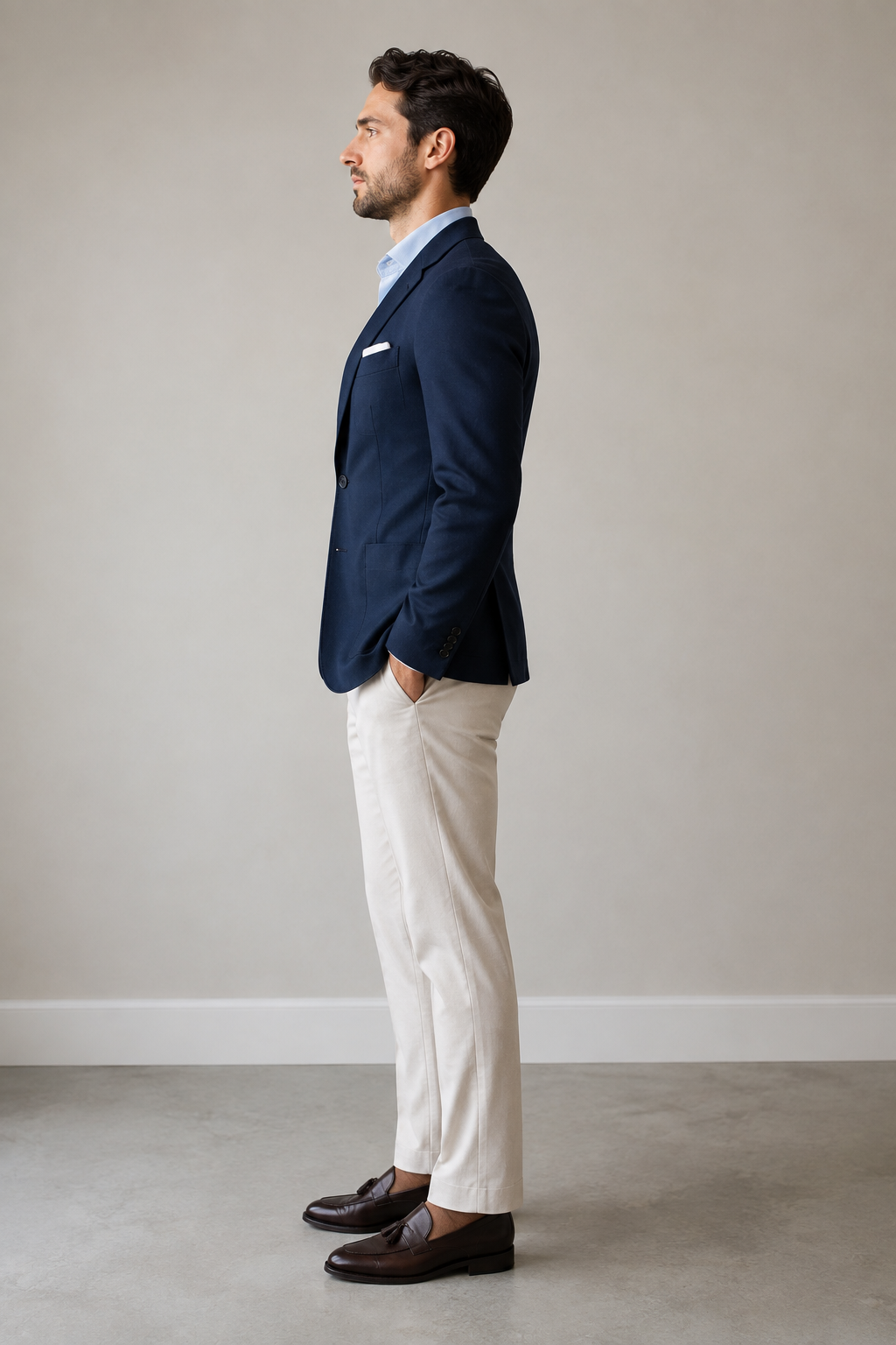 Person wearing a navy blazer photographed from the side showing the shoulder seam sitting at the edge of the shoulder