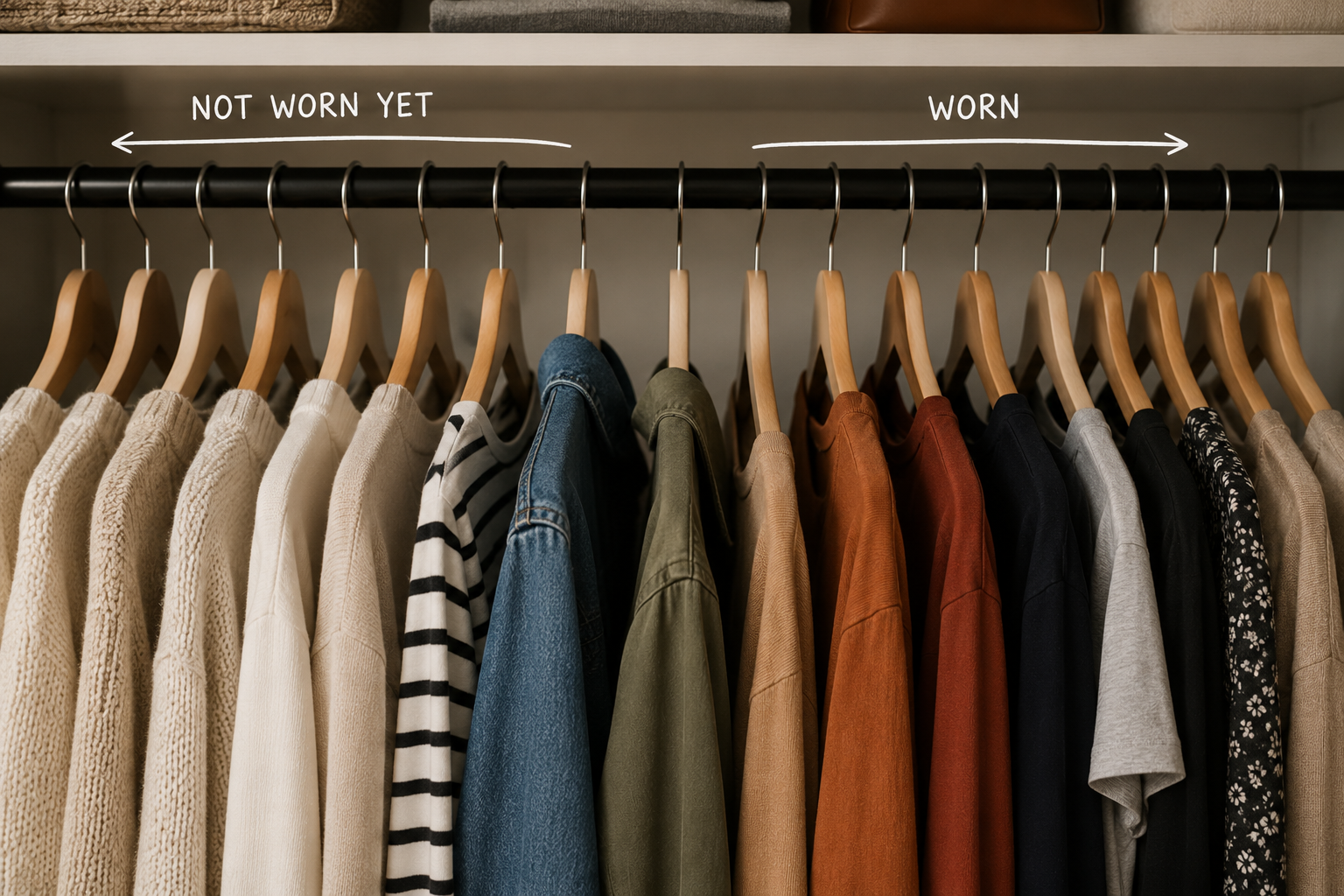 A closet rail with some hangers facing backward and others turned forward after being worn