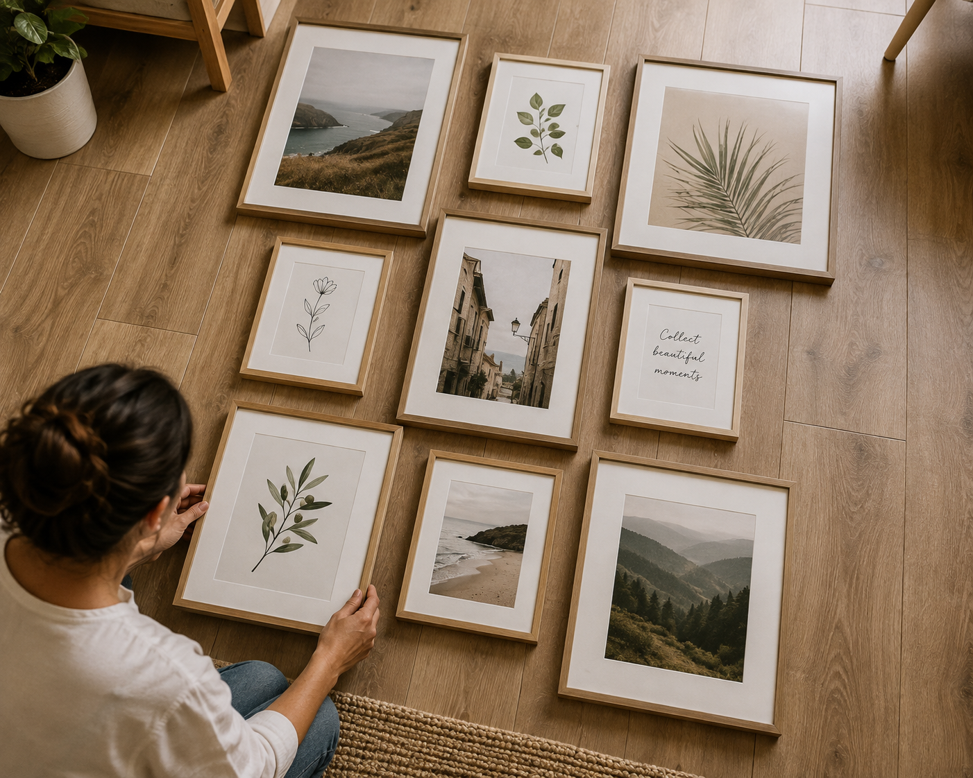 Nine picture frames arranged on a wooden floor to plan a gallery wall layout before hanging