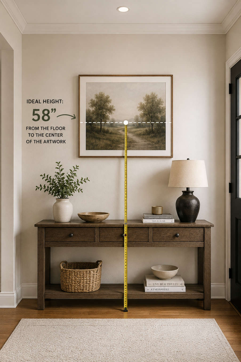 A framed artwork hung above a console table with its center at about 58 inches from the floor