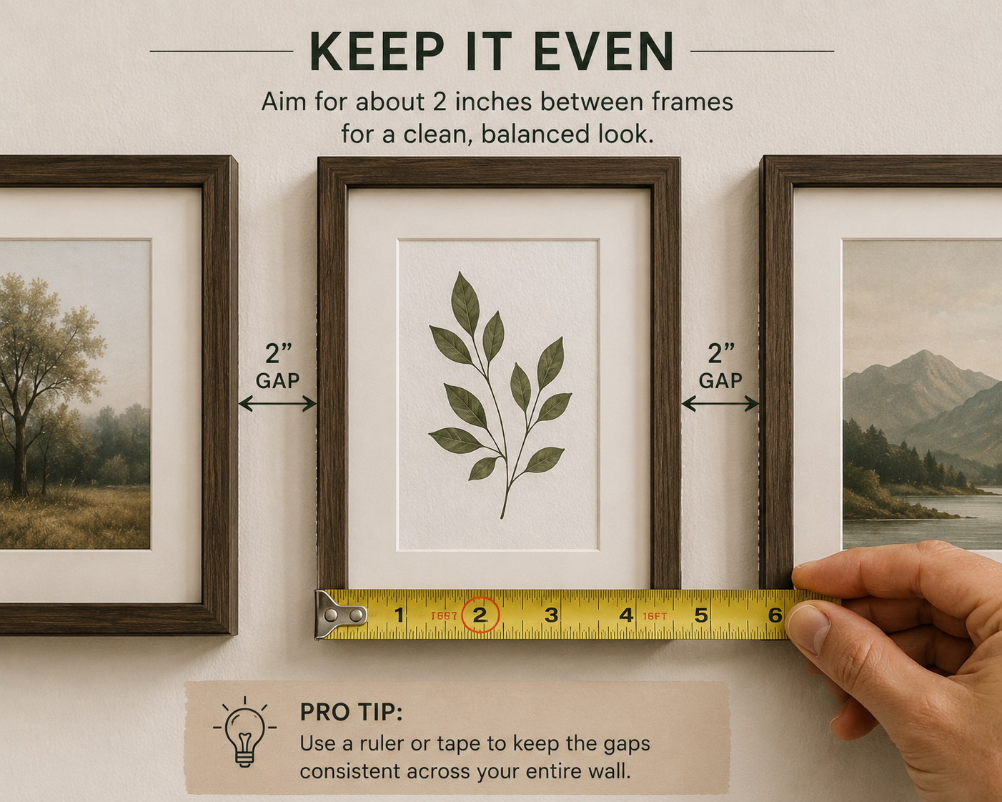 Close view of three frames on a wall with even two inch gaps measured between them