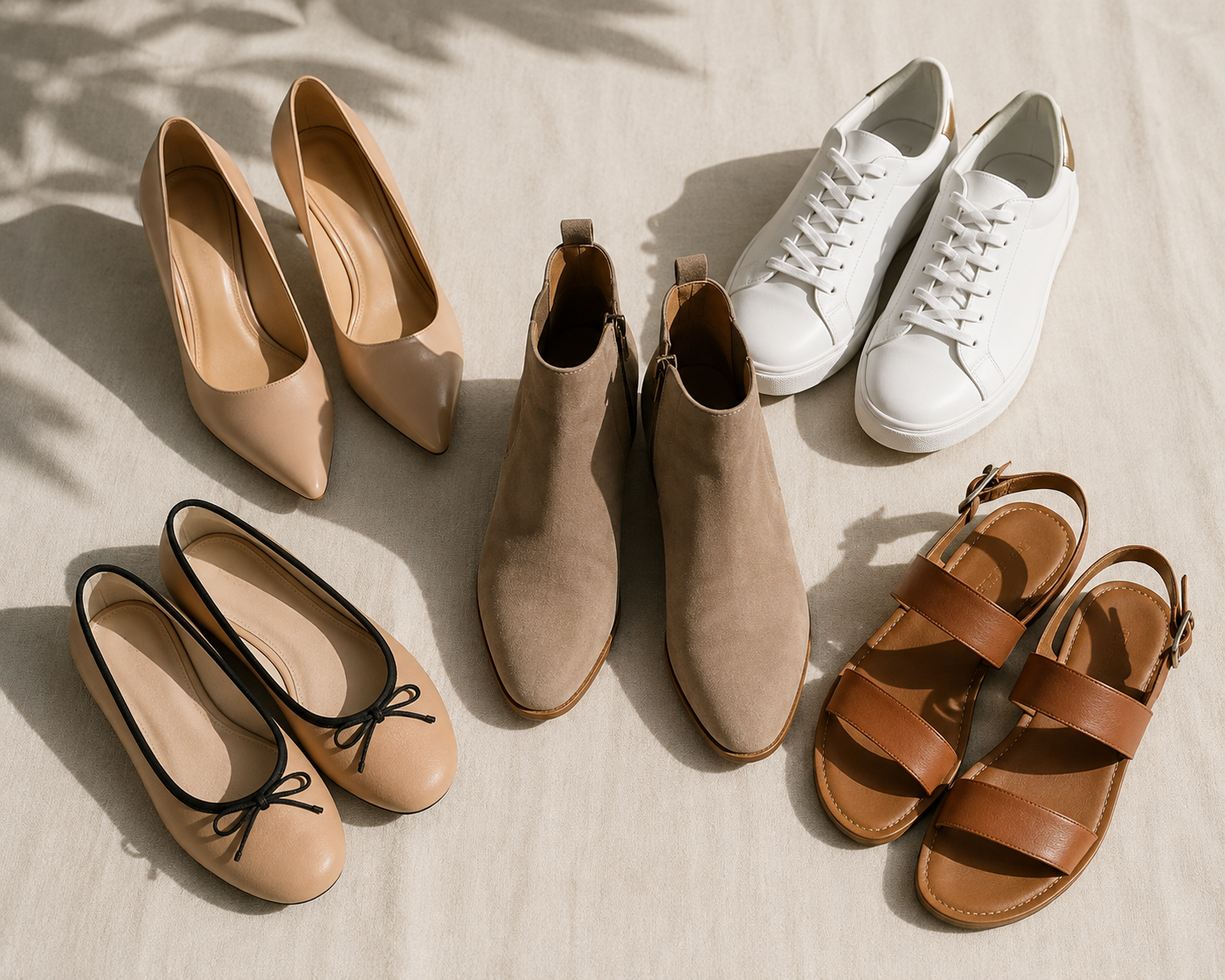 Five pairs of shoes arranged in a flat lay — nude heels, white sneakers, ankle boots, ballet flats and a sandal