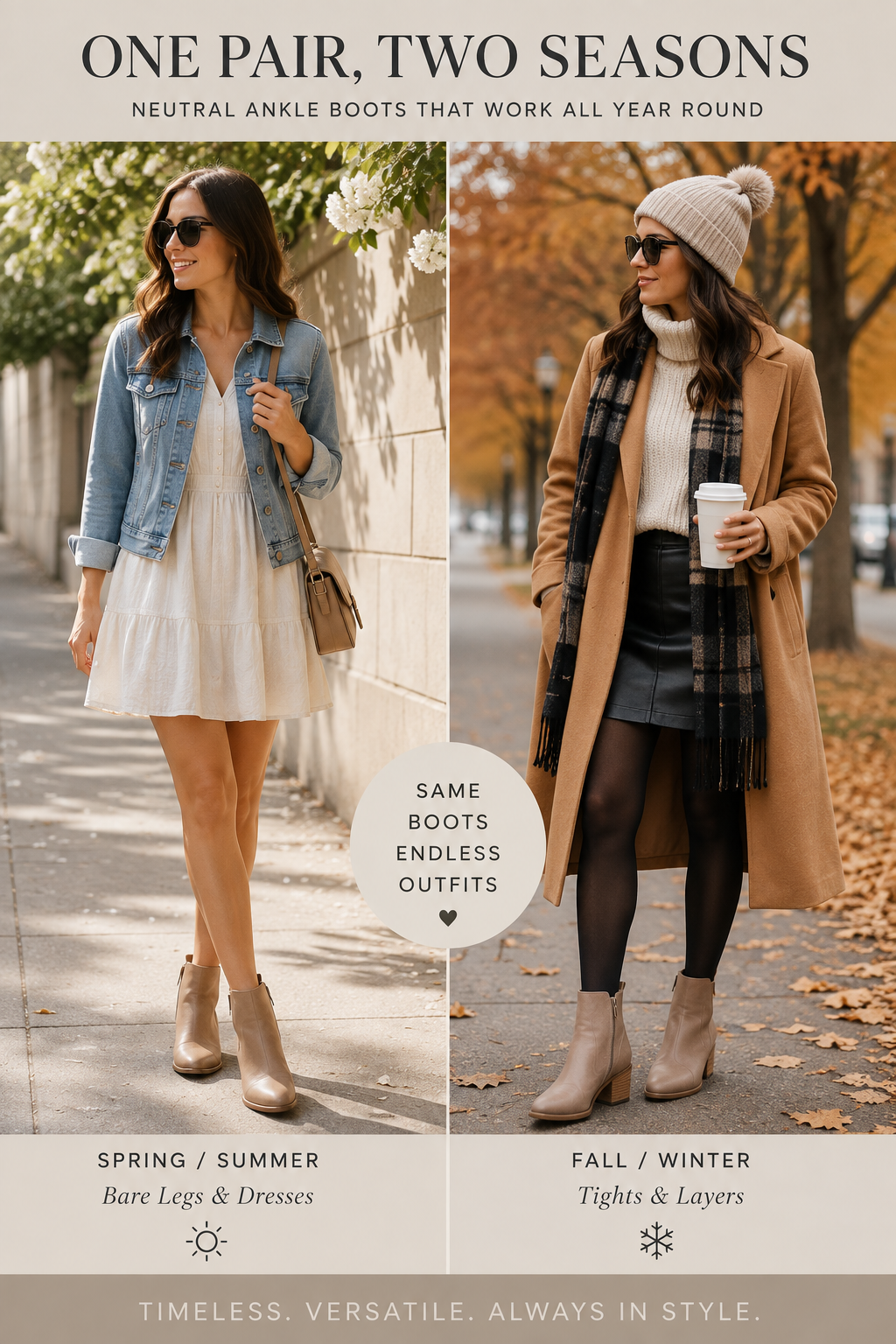 Neutral leather ankle boots worn with bare legs and again with tights, shown side by side across two seasons