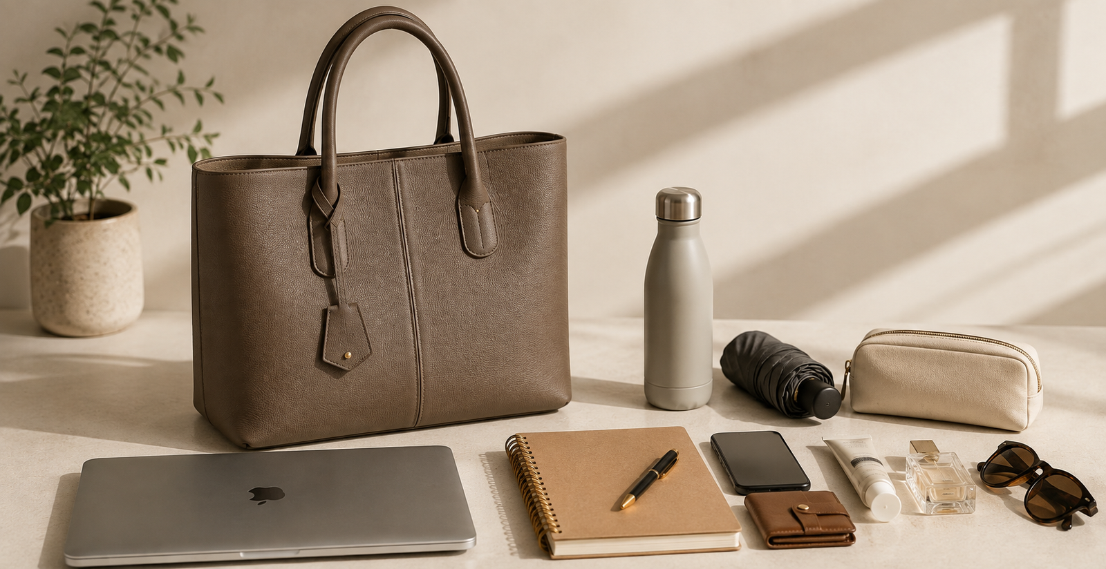 A structured leather tote standing upright on its own with a laptop, notebook and water bottle shown beside it