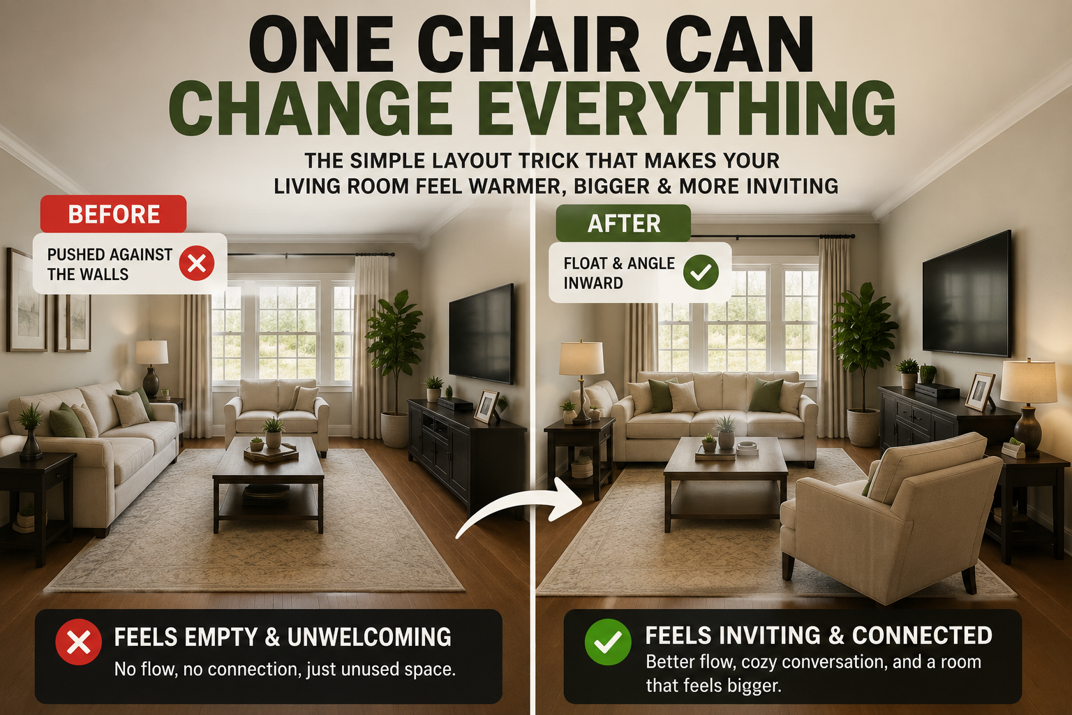 Split image comparing a living room with furniture pushed against every wall and the same room with one chair floated and angled inward