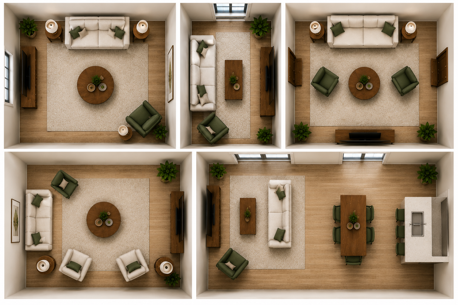 Five small overhead diagrams of different room shapes each showing one piece of furniture floated and angled away from the wall