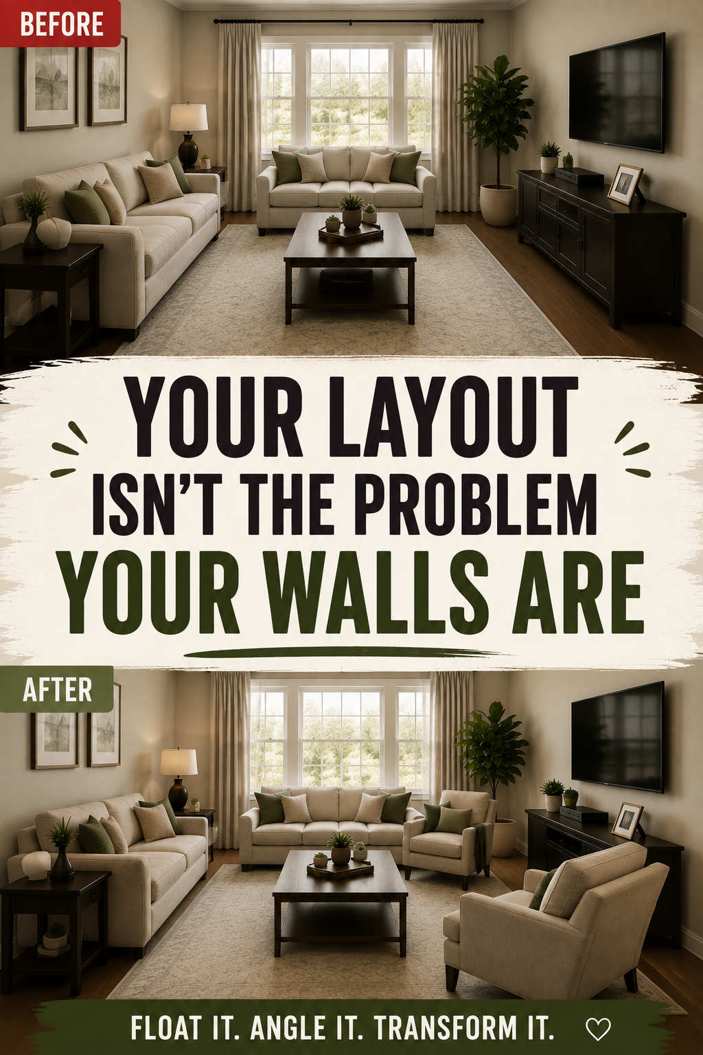 Pinterest graphic reading Your Layout Isn't the Problem Your Walls Are over a before and after of floated furniture