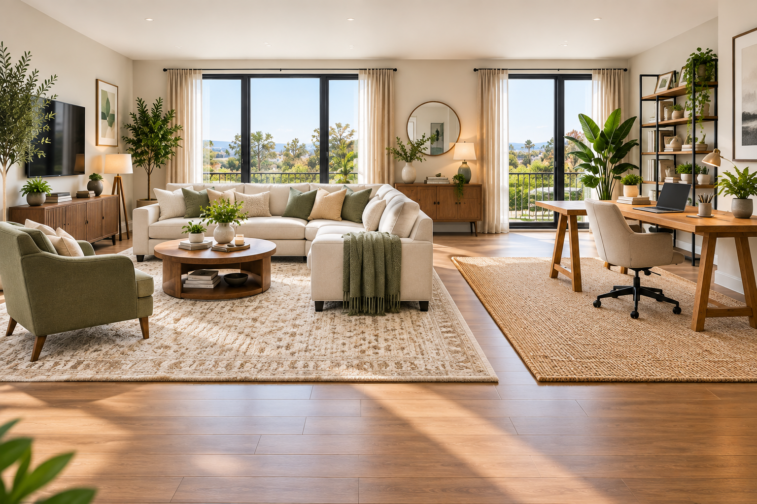 One large open room divided into a living zone and a desk zone using two different rugs and no walls
