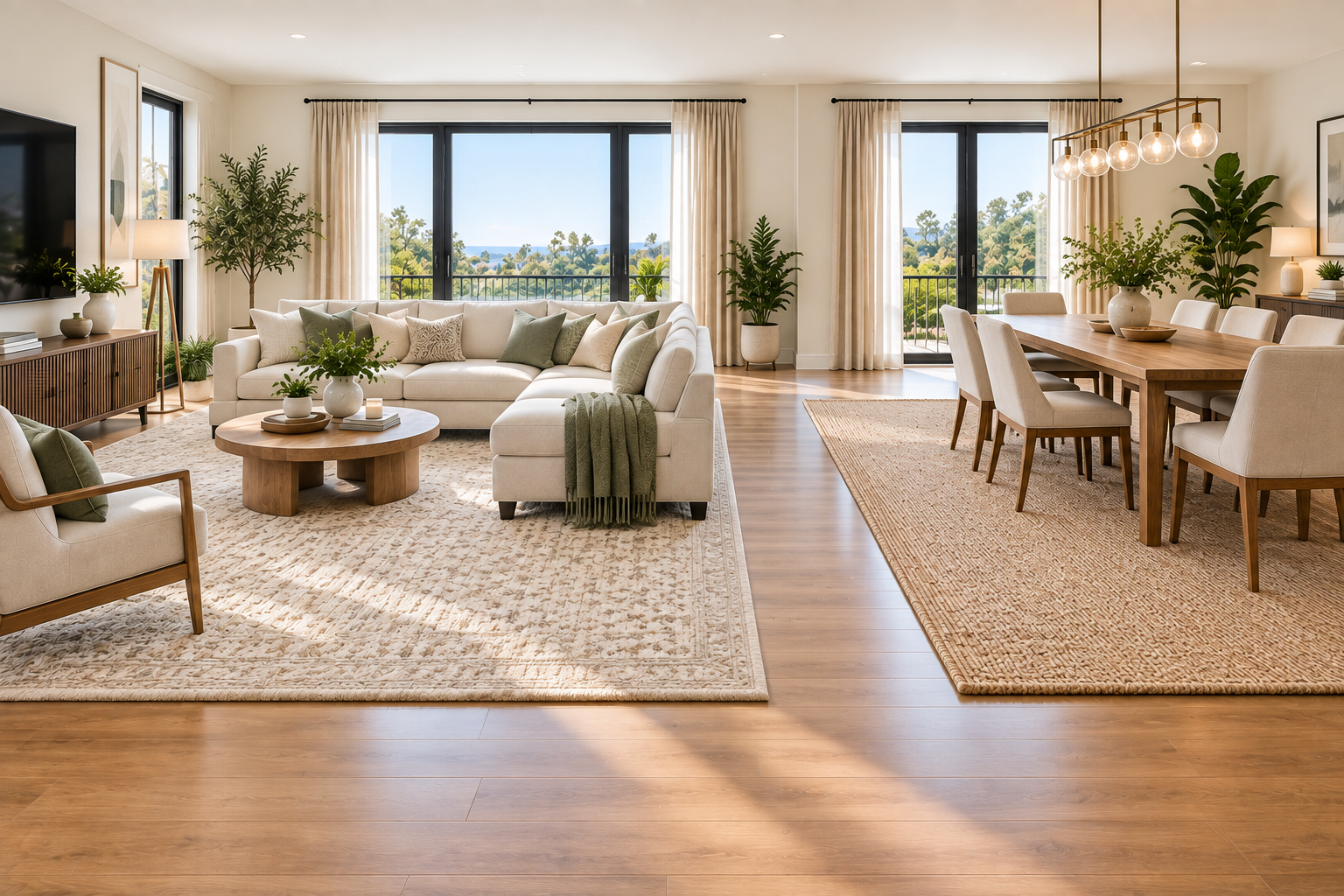 Two rugs in coordinating tones but different textures marking a living zone and a dining zone in one open room
