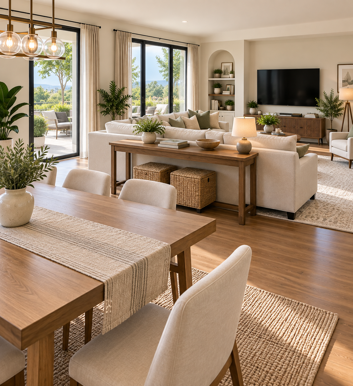 A sofa floated with its back facing the dining area, acting as a soft divider between the two zones with a console table behind it