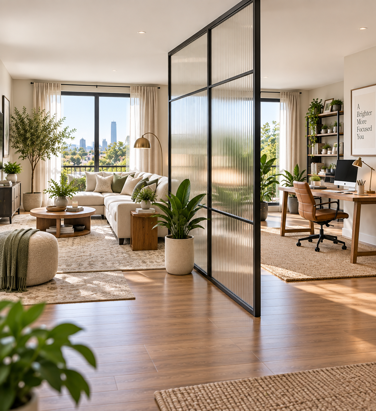 A fluted glass partition separating a living room zone from a home office zone while still allowing light through