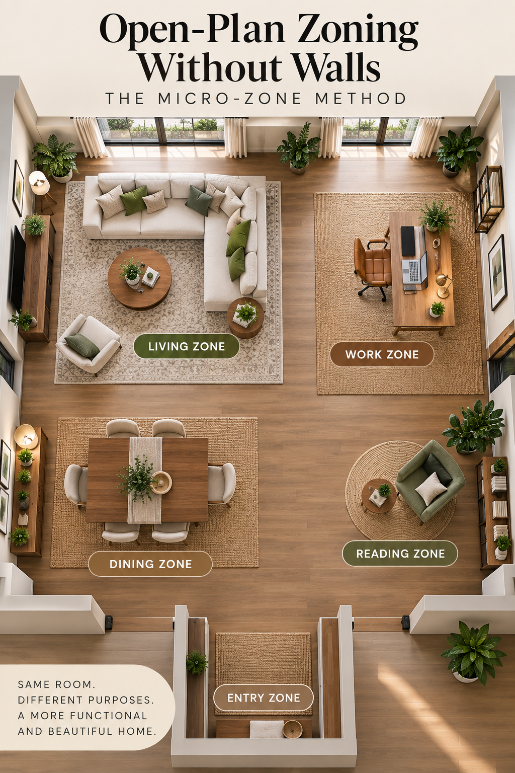 Pinterest graphic reading Open-Plan Zoning Without Walls The Micro-Zone Method over an overhead diagram of a divided room