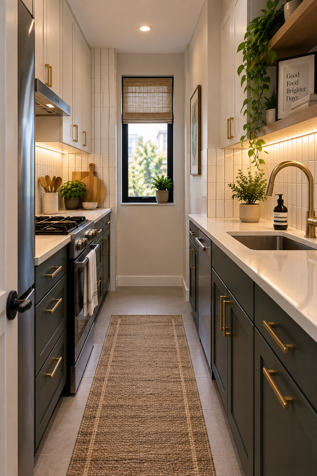 A small galley kitchen with darker lower cabinets, lighter upper cabinets, and vertical subway tile adding height