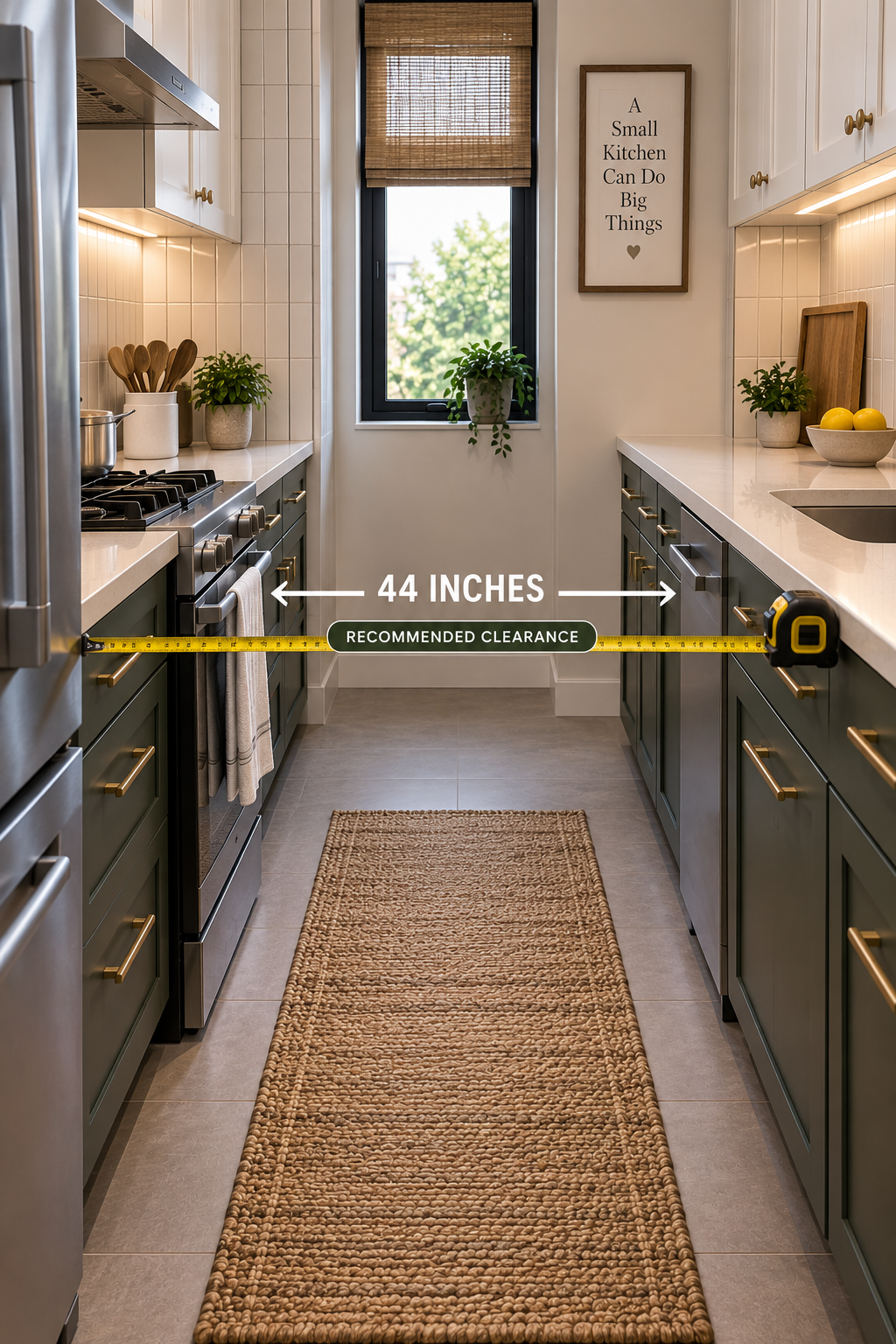 A galley kitchen with a measuring tape showing 44 inches of clearance between opposing counters