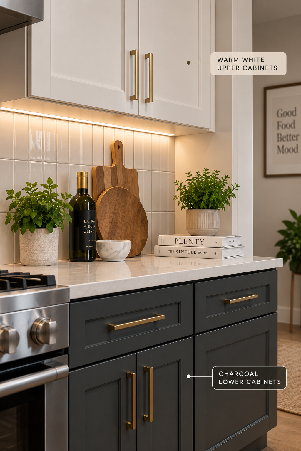 Close detail of a kitchen cabinet transition showing dark charcoal lower cabinets meeting warm white upper cabinets