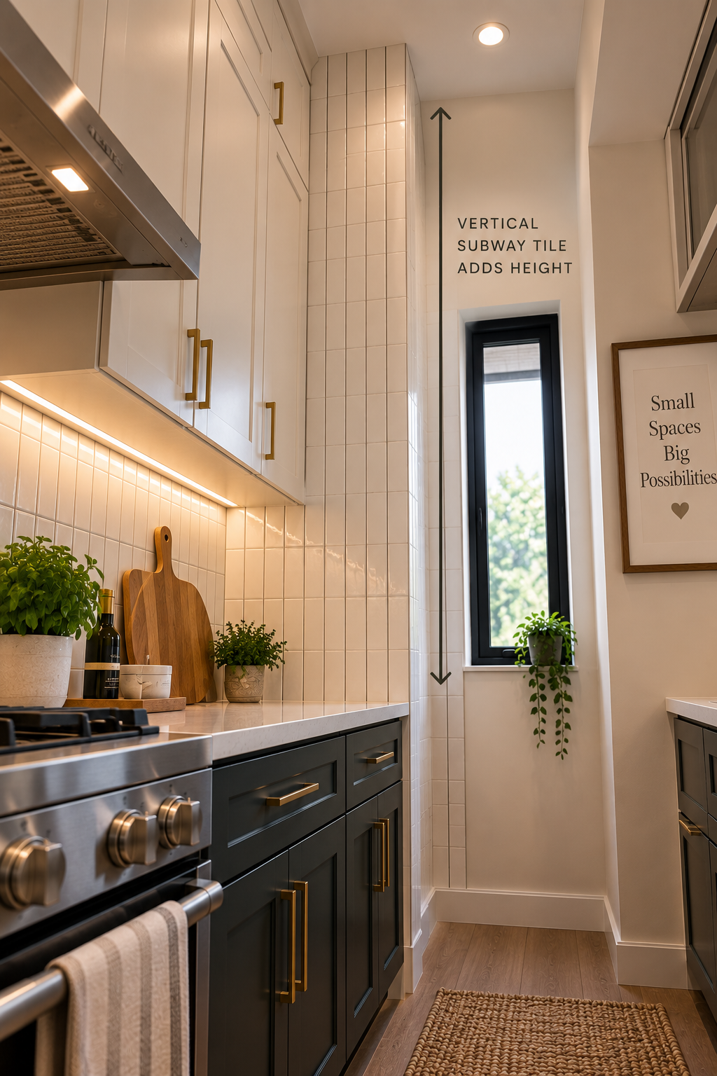 A small kitchen backsplash with subway tile laid vertically running up toward the ceiling to add perceived height