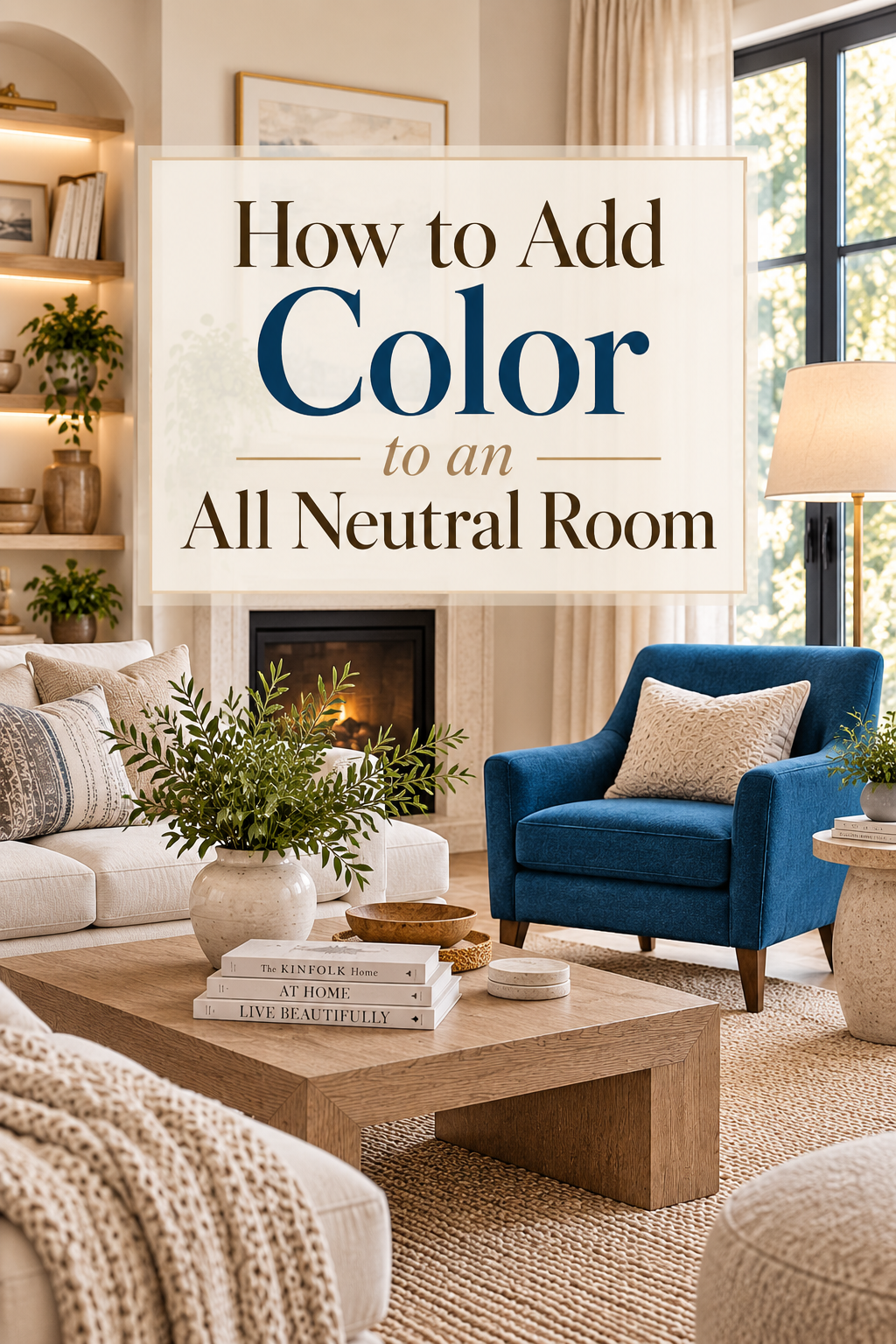 Pinterest graphic reading How to Add Color to an All Neutral Room over a beige living room with one blue accent