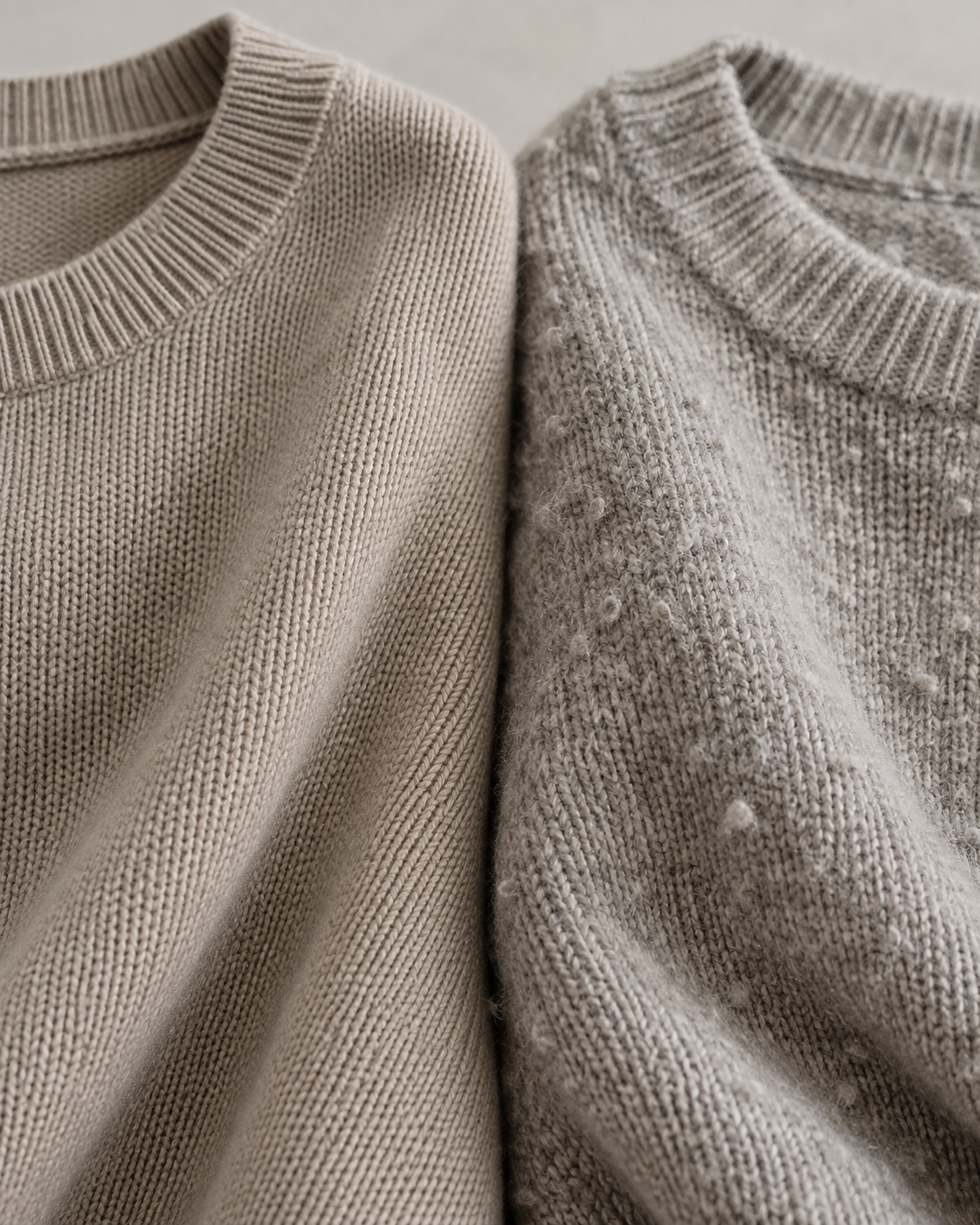 Two sweaters side by side, one merino wool with a dense even knit and one acrylic showing early pilling