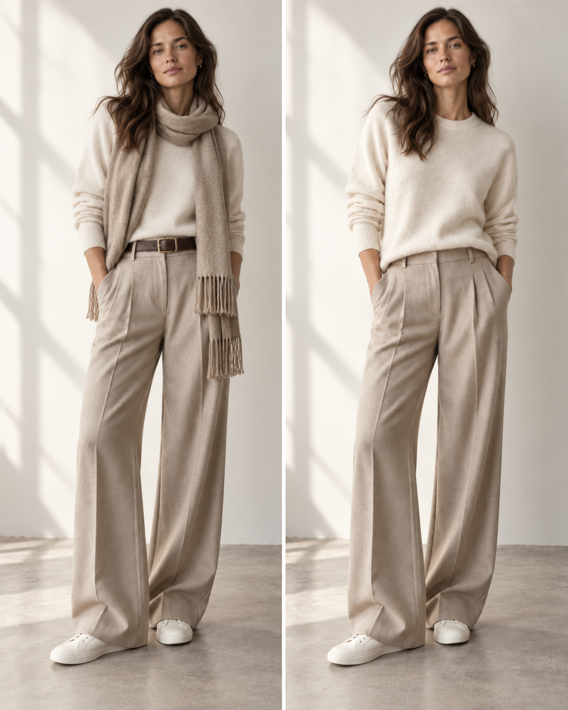 Two versions of the same outfit, one with an extra scarf and belt added and one simplified to the core pieces