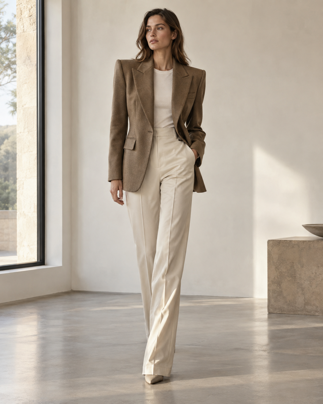 A woman wearing a sharply structured blazer with defined shoulders over a simple neutral outfit underneath