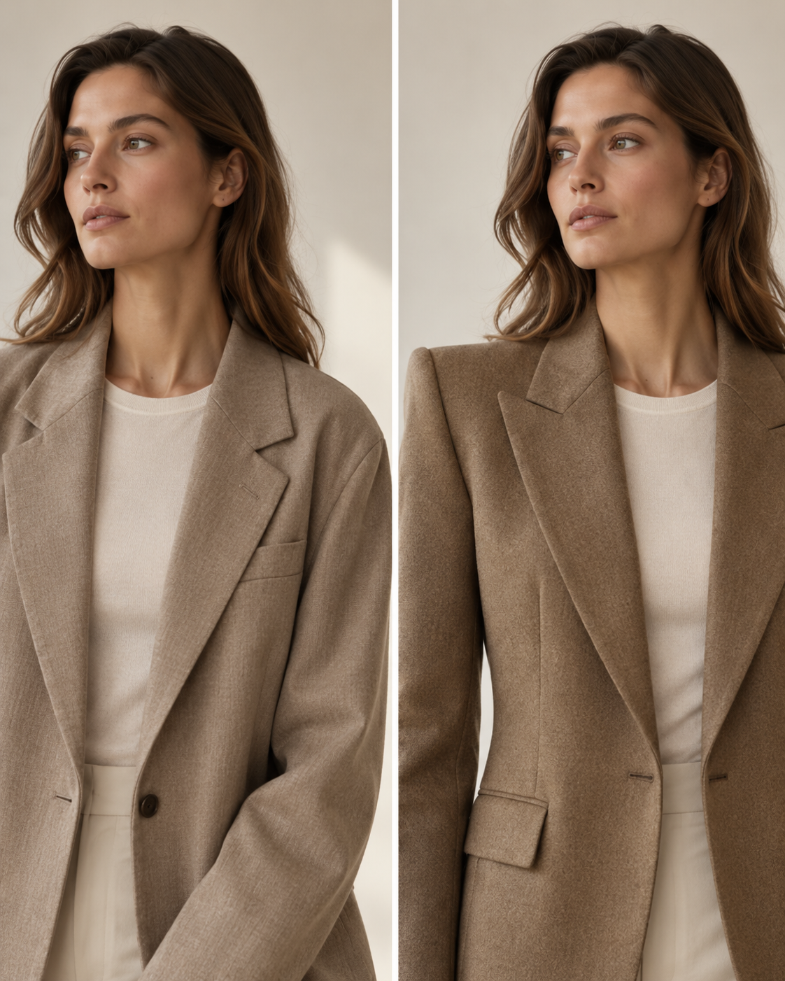 Two blazers side by side, one with a soft unstructured shoulder and one with a sharp defined shoulder line