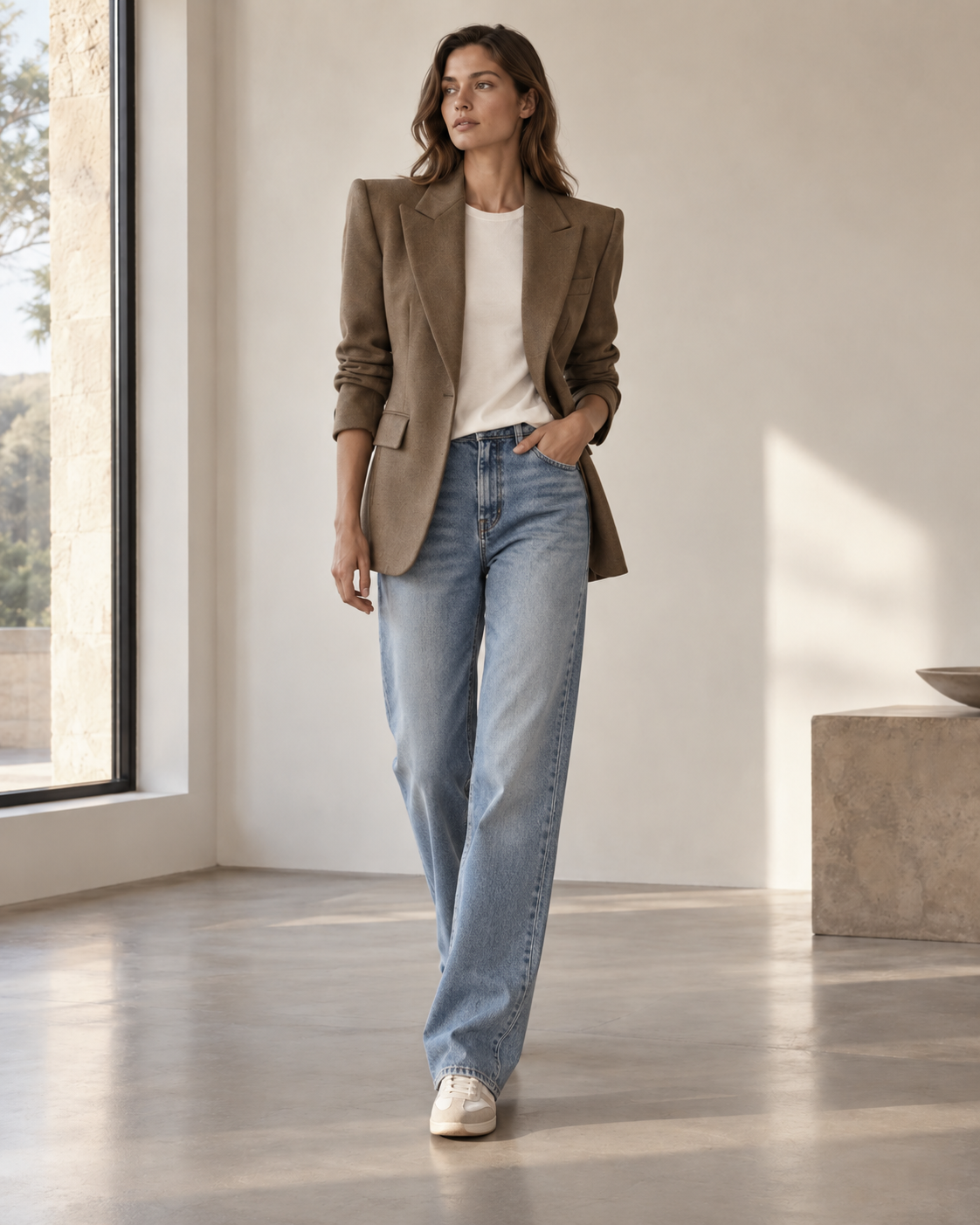 A structured blazer worn open over a plain top and jeans, demonstrating a relaxed rather than fully suited styling approach