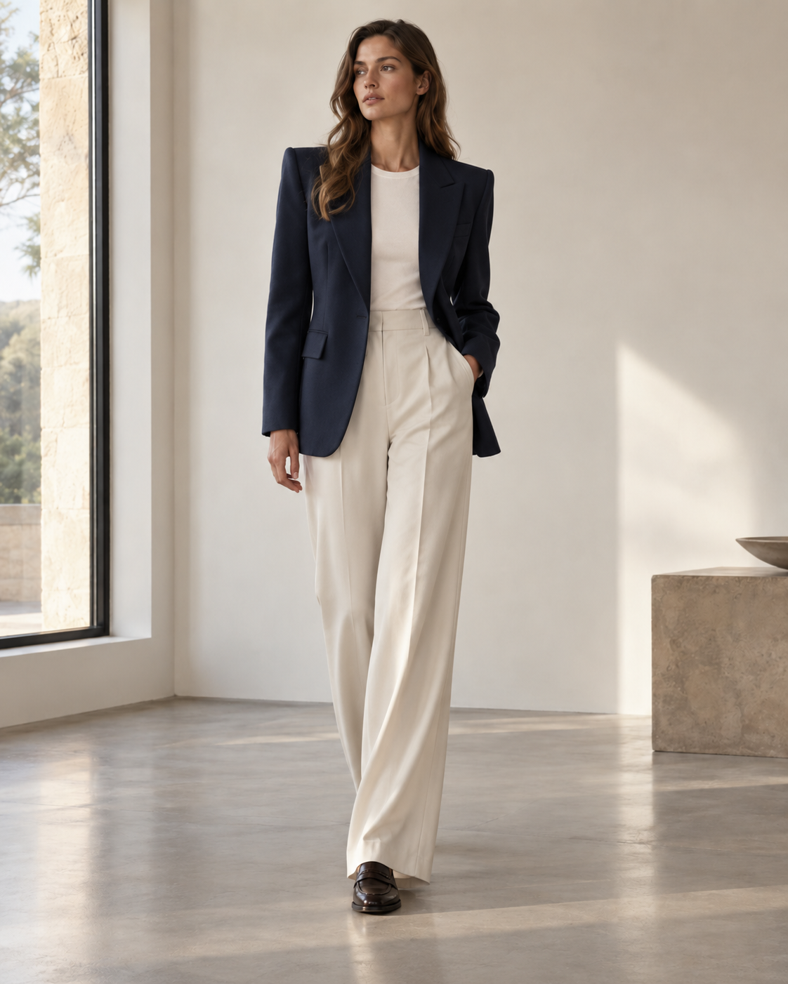 A full outfit built around a structured navy blazer with a simple top, wide leg trousers and loafers