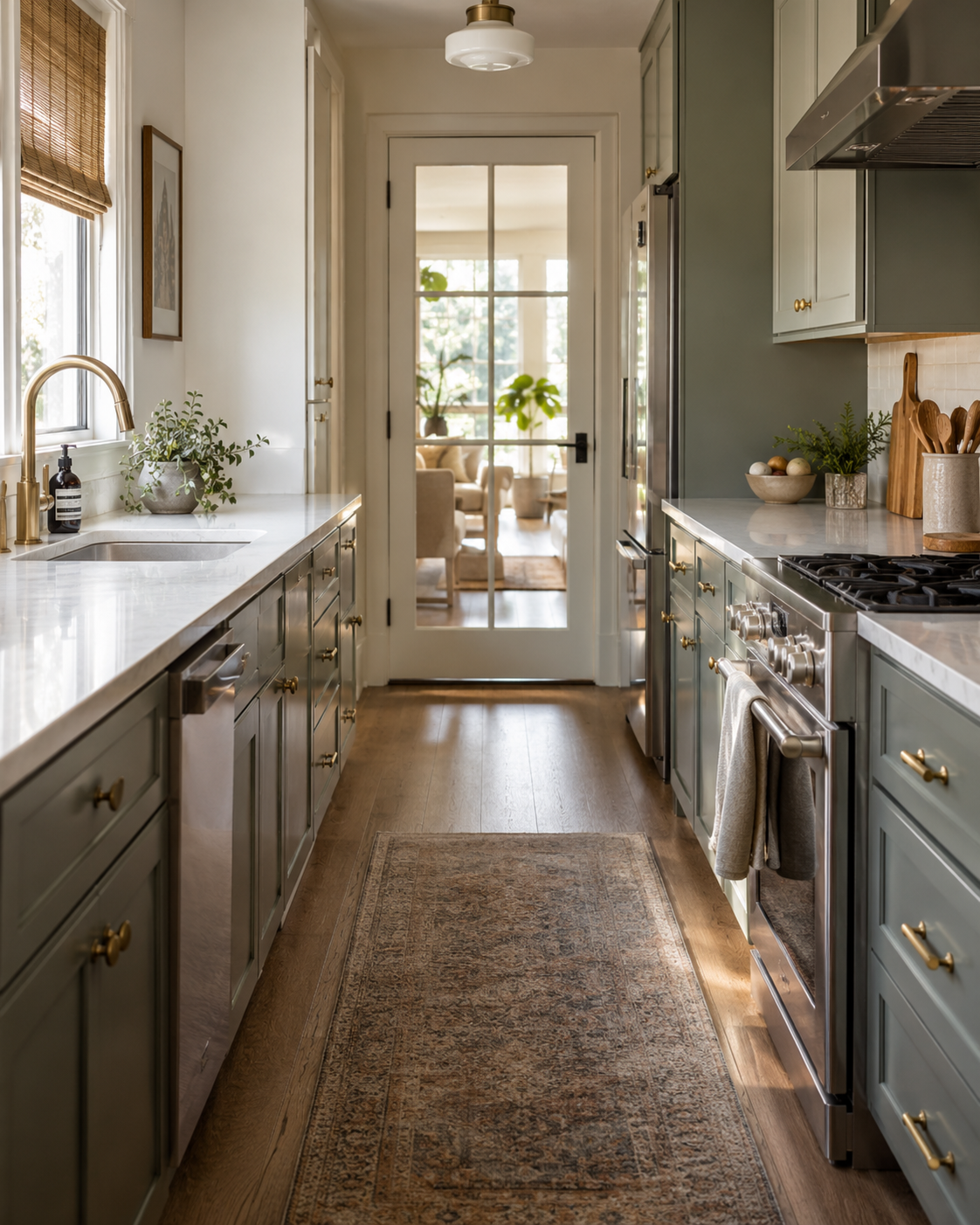 A galley kitchen with a glass paned door at one end allowing light and sightline through to the next room