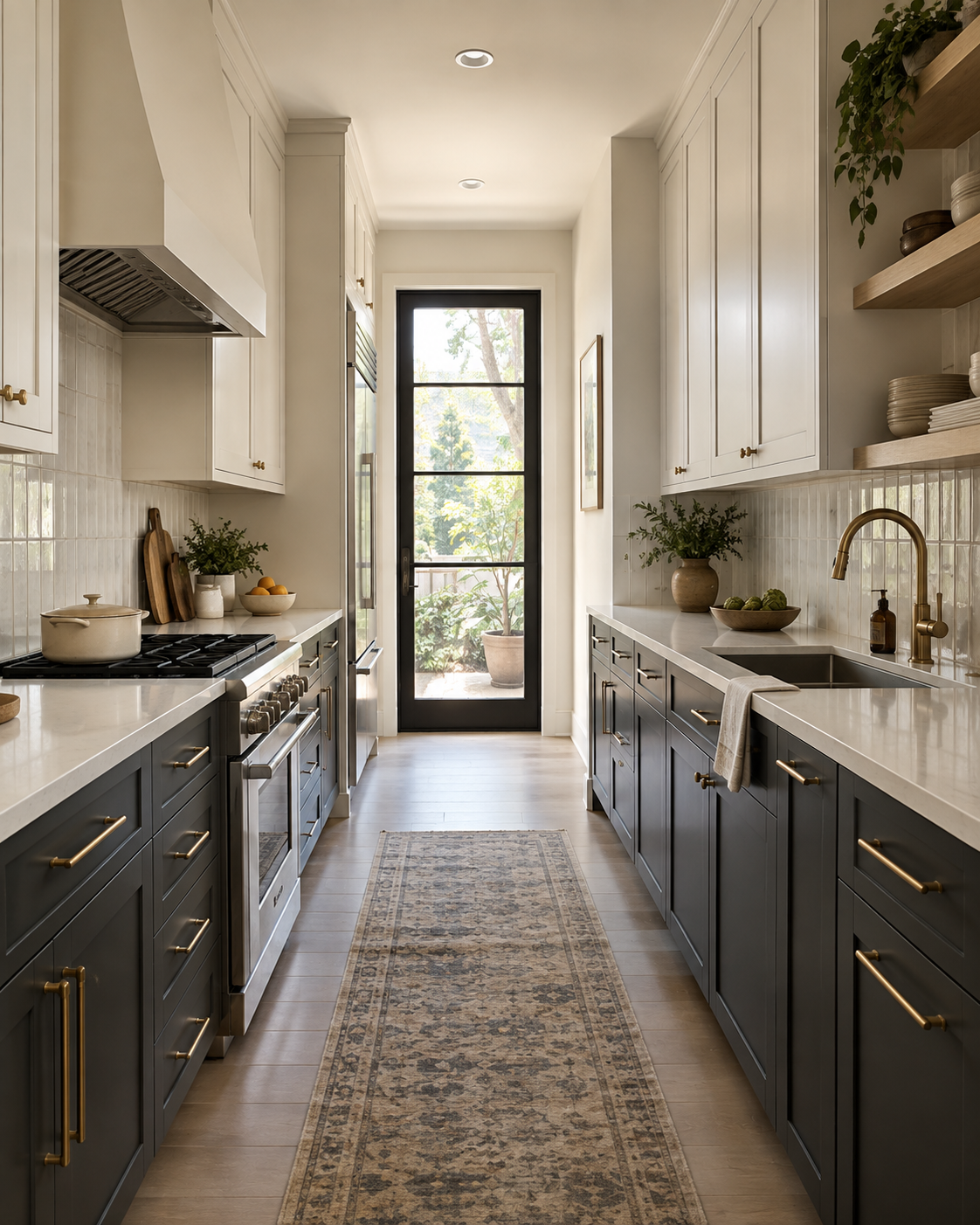A galley kitchen with dark lower cabinets, light upper cabinets, and vertical tile on the backsplash between them