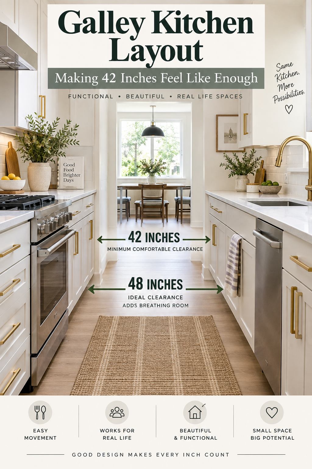 Pinterest graphic reading Galley Kitchen Layout Making 42 Inches Feel Like Enough over a corridor kitchen with an open end