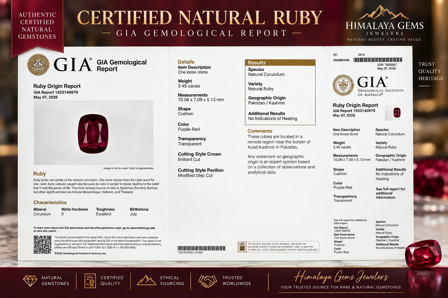 GIA gemological report for a natural ruby with Pakistan Kashmir origin, 3.45 carats, cushion shape